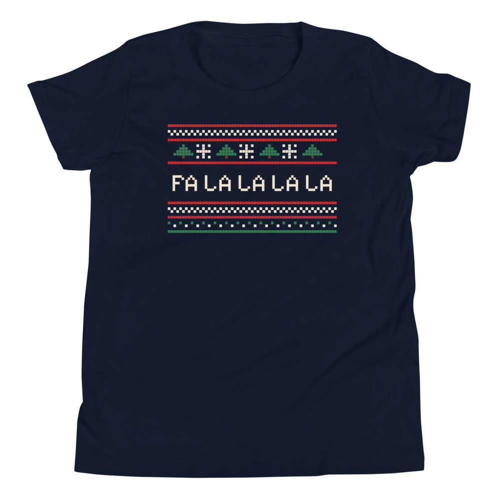 Fa La La Knit Kids Tee in navy, mockup of the design printed on the front of the kids tee