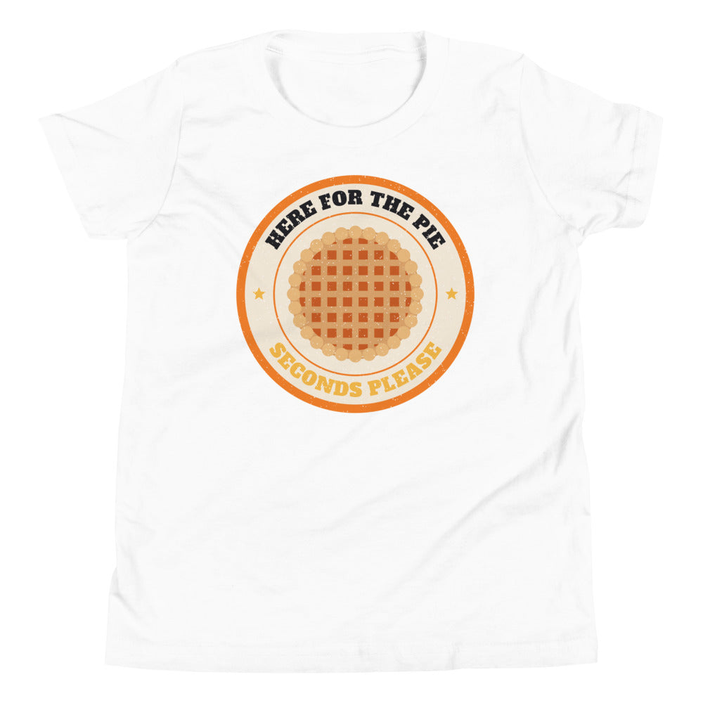 Here for the Pie Kids Tee in white, mockup of the design printed on the front of the kids tee