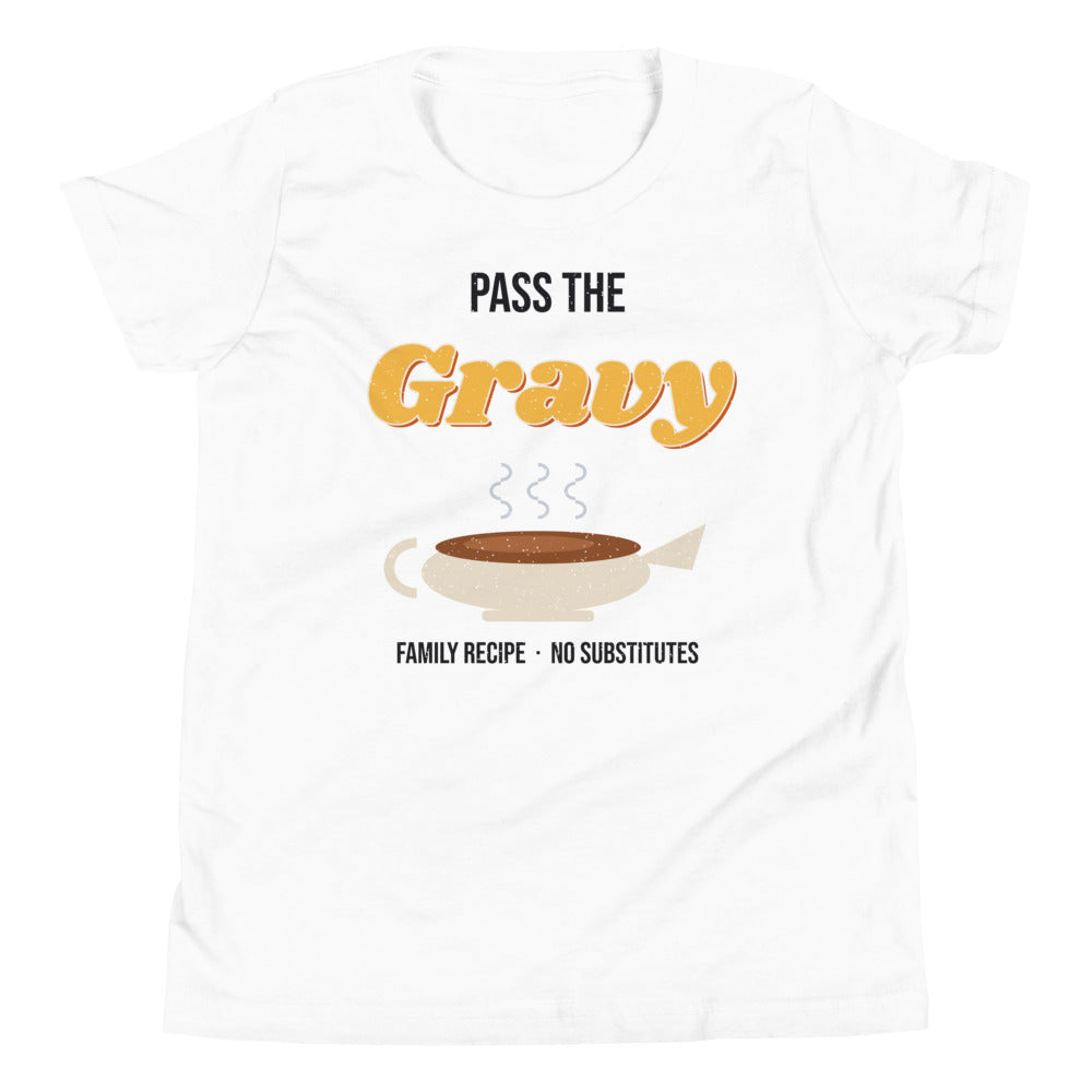 Pass the Gravy Kids Tee in white, mockup of the design printed on the front of the kids tee