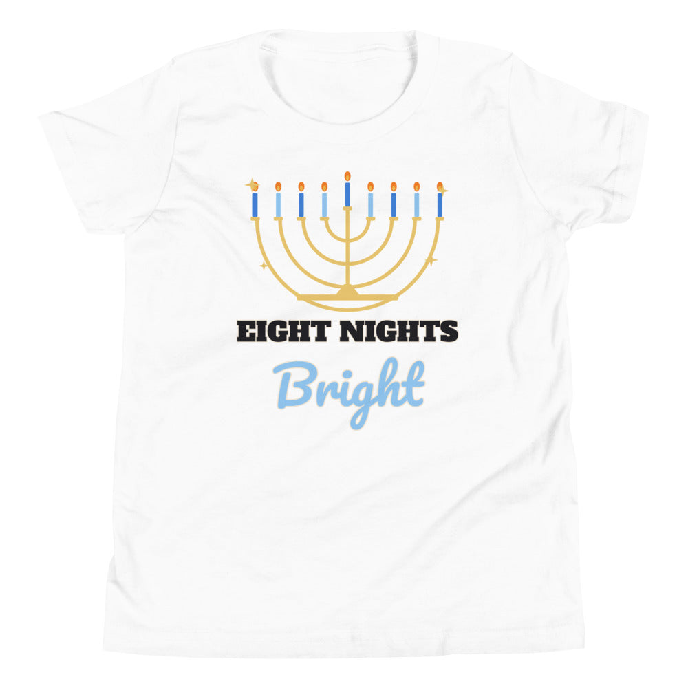Eight Nights Bright Kids Tee in white, mockup of the design printed on the front of the kids tee
