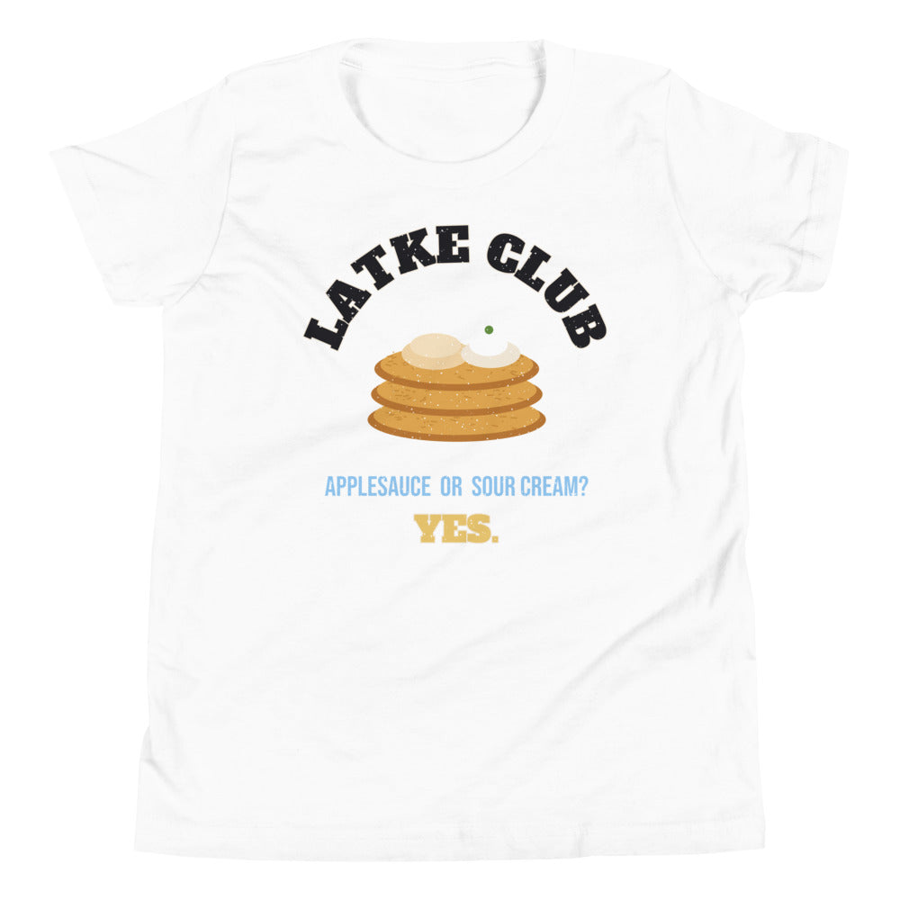 Latke Club Kids Tee in white, mockup of the design printed on the front of the kids tee