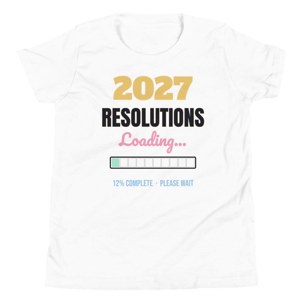 2027 Resolutions Loading Kids Tee in white, mockup of the design printed on the front of the kids tee