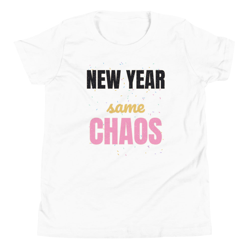 New Year Same Chaos Kids Tee in white, mockup of the design printed on the front of the kids tee